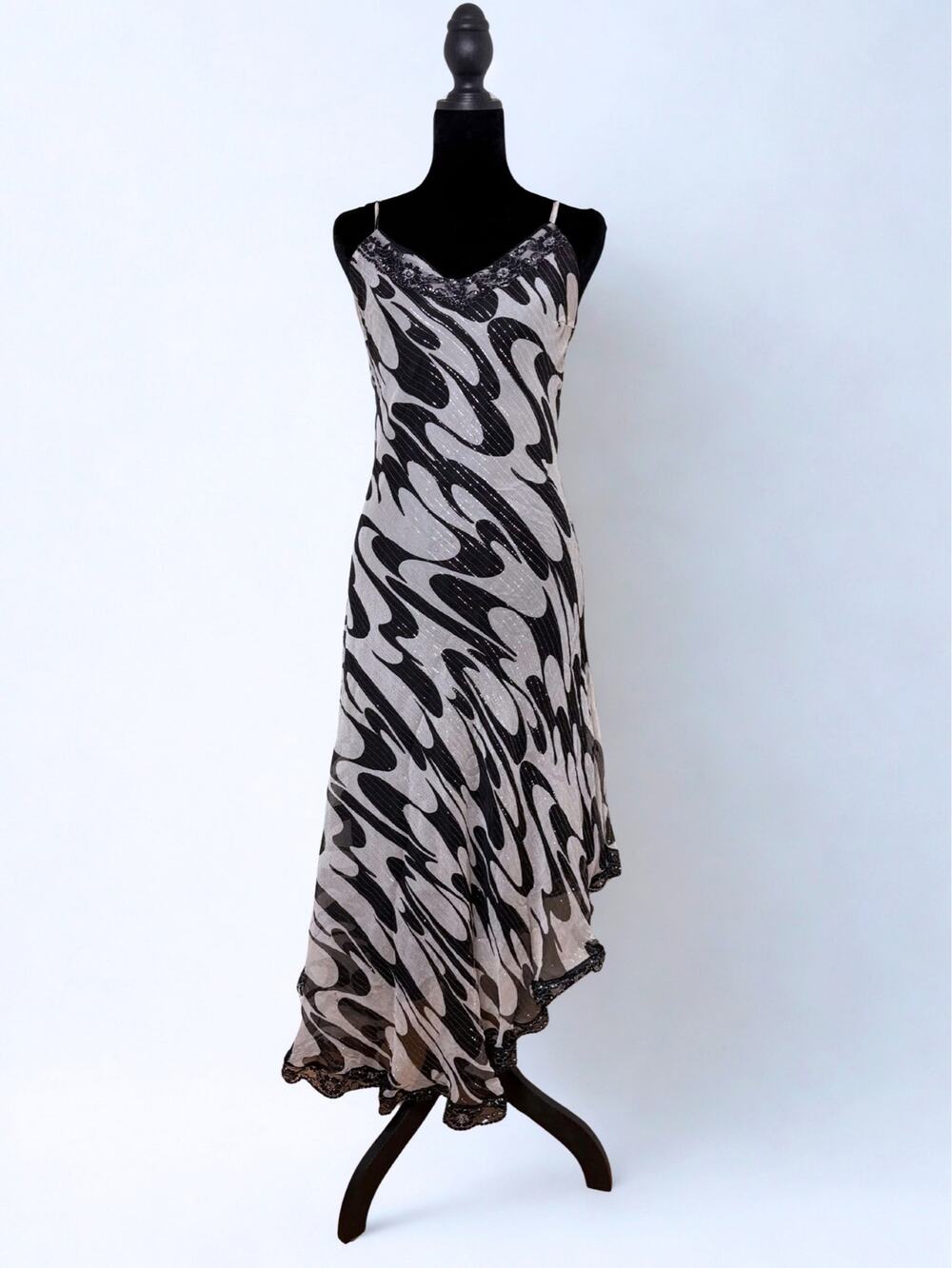 Vtg Jeff Gallano Black Grey Abstract Swirl Print Beaded Lace Trim Fairy Dress